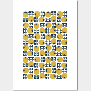 Retro Geometric Floral Pattern Navy, Grey, Mustard Yellow Posters and Art